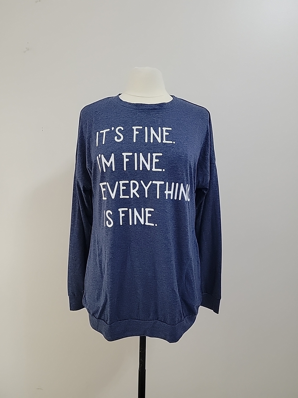 Navy Blue Graphic Pullover Sweatshirt - "It's Fine" Size M Cotton Blend EUC